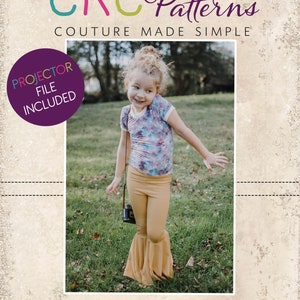 May include: A young girl wearing a tie-dye shirt and brown bell bottom pants poses in a grassy field. The image includes the text "CKC Patterns Couture Made Simple" and "CKC Kids".
