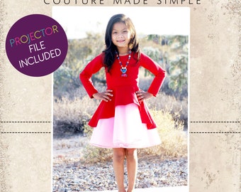 May include: A young girl wearing a red dress with a pink skirt and red shoes. The dress has long sleeves and a peplum. The image includes the text "CKC Patterns" and "Couture Made Simple". A purple circle reads "Projector File Included".