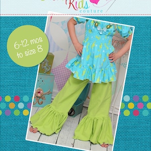 May include: Green ruffled pants with a white top and a blue and green floral print. The text "Create Kids Couture" is at the top of the image. The text "6-12 mos to size 8" is in a green circle. The text "handmade with love" is at the bottom of the image.