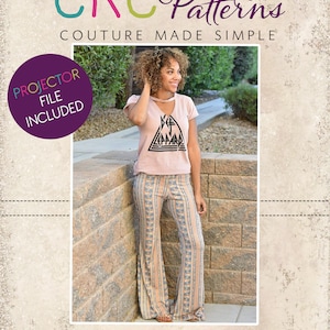 May include: A woman wearing a pink t-shirt with a black graphic print and blue and orange patterned pants. The text "CKC Patterns Couture Made Simple" is at the top of the image. The text "PROJECTOR FILE INCLUDED" is in a purple circle at the top left of the image. The text "CKC Womens" is at the bottom of the image.