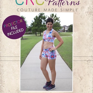 May include: A woman wearing a red, white, and blue floral print sports bra and matching shorts. The text "CKC Patterns Couture Made Simple" is at the top of the image. The text "Projector File Included" is in a purple circle at the top left of the image. The text "CKC Adults" is at the bottom of the image.