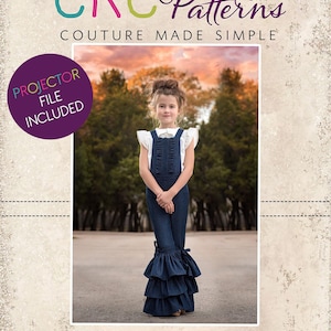 May include: A girl wearing a blue denim overall dress with a white blouse and a ruffled skirt. The dress has a bib and straps. The girl is standing on a paved road with trees in the background. The image includes the text "CKC Patterns Couture Made Simple" and "CKC Kids".