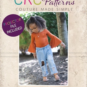 May include: A young child wearing an orange long-sleeve top with flared sleeves and light blue distressed jeans. The image includes the text "CKC Patterns" and "CKC Kids", with a "Projector File Included" badge.