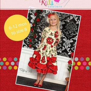 May include: A red and white dress with a poinsettia print and a ruffled skirt. The dress is handmade and has a size range of 6-12 months to size 8. The dress is photographed on a child model in front of a black and white patterned background.