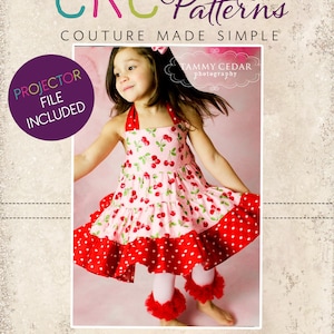 May include: A young girl wearing a pink and red cherry print dress with a white polka dot ruffle. The dress has a halter top and a layered skirt. The girl is also wearing white leggings with red ruffle trim. The image includes the text "CKC Patterns Couture Made Simple" and "Projector File Included".