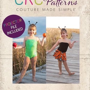 May include: Image of two children in costumes. One child wears a green leotard and holds an apple and an orange. The other child wears a black top and an orange and white skirt. The image includes the text "CKC Patterns" and "CKC Kids".