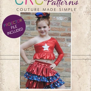 May include: A red and blue pageant outfit with a star on the top. The outfit is made of shiny fabric and has a ruffled skirt. The text "CKC Patterns Couture Made Simple" and "CKC Pageantwear" is visible in the image. The text "Projector File Included" is also visible in the image.