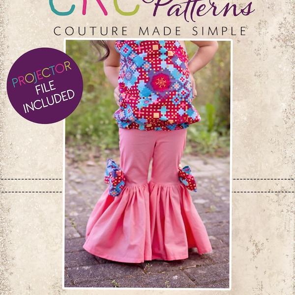 Juniper’s Ruffled Bell Bottoms Sizes 6/12m to 14 Kids PDF Pattern | A0 and Projector Files | Woven Bell Bottoms | Flared | Babies | Toddlers