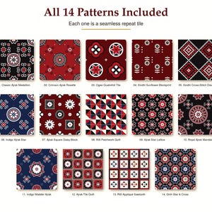 May include: A collection of 14 seamless repeat tile patterns labeled All 14 Patterns Included. Each square tile features geometric, floral, and star motifs in a color palette of deep red, navy blue, black, and white, arranged in a grid layout.