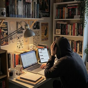 May include: A well-lit desk with a laptop, tablet, and books. A person in a hooded sweatshirt is sitting at the desk. The desk is cluttered with books, mugs, and notebooks. Posters and shelves filled with books are in the background.