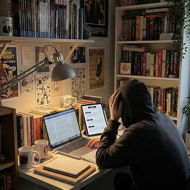 May include: A well-lit desk with a laptop, tablet, and books. A person in a hooded sweatshirt is sitting at the desk. The desk is cluttered with books, mugs, and notebooks. Posters and shelves filled with books are in the background.