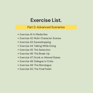 May include: A light green background with the title "Exercise List." and the subtitle "Part 5: Advanced Scenarios" in black text. A list of ten exercises is below, each starting with a bullet point and a number.
