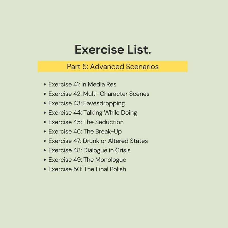 May include: A light green background with the title "Exercise List." and the subtitle "Part 5: Advanced Scenarios" in black text. A list of ten exercises is below, each starting with a bullet point and a number.
