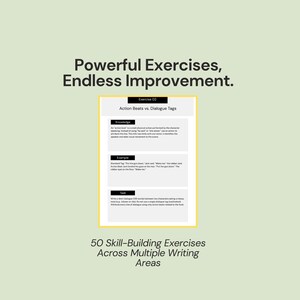 May include: A light green background with the text "Powerful Exercises, Endless Improvement." A yellow rectangle contains text about action beats and dialogue tags. The bottom text reads "50 Skill-Building Exercises Across Multiple Writing Areas."