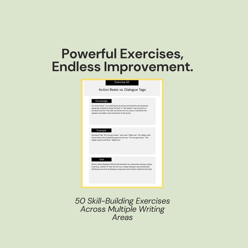May include: A light green background with the text "Powerful Exercises, Endless Improvement." A yellow rectangle contains text about action beats and dialogue tags. The bottom text reads "50 Skill-Building Exercises Across Multiple Writing Areas."