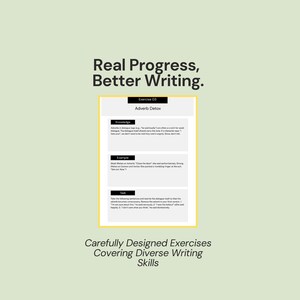 May include: A digital image with the text "Real Progress, Better Writing." and "Carefully Designed Exercises Covering Diverse Writing Skills." A yellow-bordered document titled "Adverb Detox" displays writing exercises.