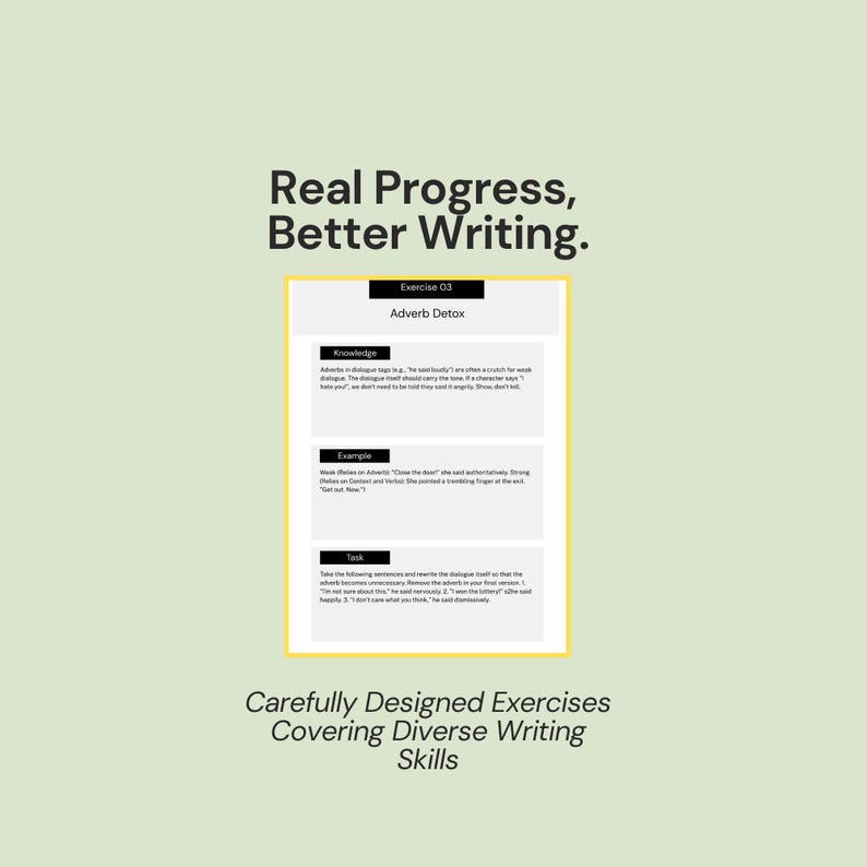 May include: A digital image with the text "Real Progress, Better Writing." and "Carefully Designed Exercises Covering Diverse Writing Skills." A yellow-bordered document titled "Adverb Detox" displays writing exercises.