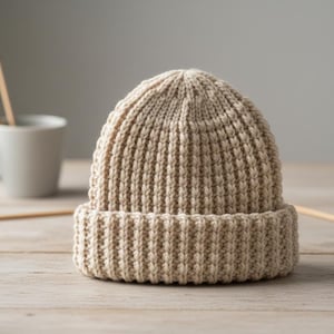 Puede incluir: Un gorro de punto acanalado beige con un borde doblado. El gorro está hecho de un hilo suave y texturizado y se encuentra sobre una superficie de madera clara. Agujas de tejer y una taza en el fondo.