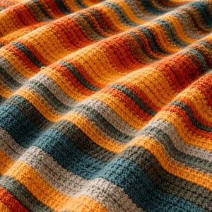 Peut inclure: Gros plan sur une couverture rayée aux couleurs chaudes. La couverture présente des rayures horizontales orange, jaune, turquoise et grise. La texture semble douce, suggérant un article chaleureux et confortable pour la maison.