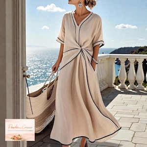 Abito midi stile costiero, scollo a V fluido, stile festivo leggero