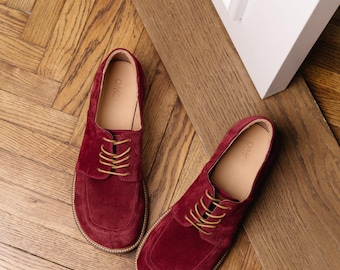 Burgundy Suede Derby Shoes Women – Handmade Oxfords