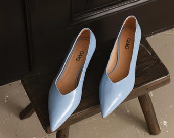 Blue Patent Leather Kitten Heel Pumps | Handmade Italian Leather Shoes