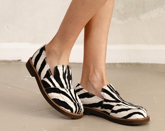 Handmade Zebra Print Leather Loafers – Genuine Decorated Leather Shoes