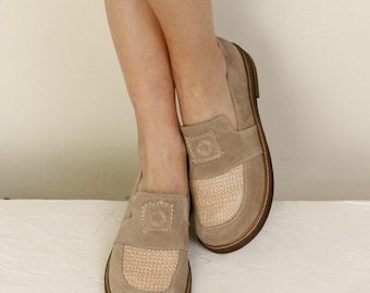 Beige Suede Loafers for Women: Handmade Italian Leather, Breathable Raffia Upper