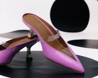 Pink Mule Heels : Kitten Heel Pumps with Hand-Painted Floral Heel