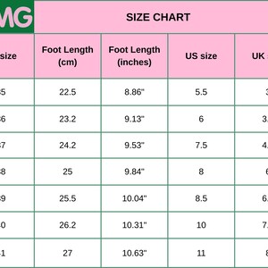 May include: A size chart table with a pink header and green border labeled OMG. The table lists EU sizes 35 to 41, corresponding foot lengths in centimeters and inches, and equivalent US and UK shoe sizes. The grid displays seven rows of data.