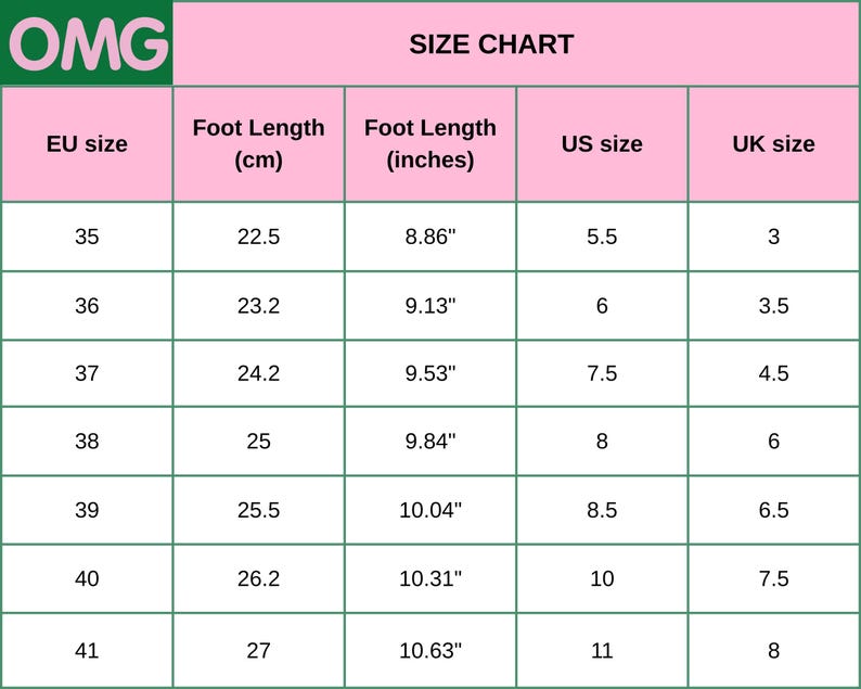 May include: A size chart table with a pink header and green border labeled OMG. The table lists EU sizes 35 to 41, corresponding foot lengths in centimeters and inches, and equivalent US and UK shoe sizes. The grid displays seven rows of data.