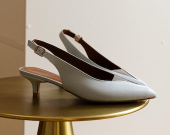Light Blue Leather Slingback Kitten Heels – Handmade Italian Leather Shoes