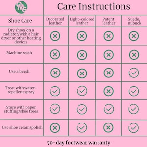 May include: A pink informational chart titled Care Instructions with a grid layout. It lists shoe care methods for decorated, light-colored, patent leather, and suede or nubuck materials, using green checkmarks and X symbols to indicate recommended actions.
