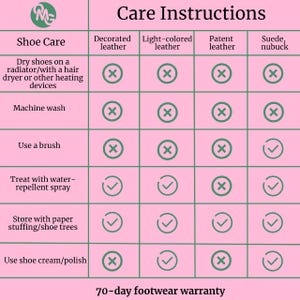 May include: A pink informational chart titled Care Instructions and Shoe Care. It features a grid with columns for decorated, light-colored, and patent leather, plus suede and nubuck. Rows list cleaning methods with green checkmarks or red X symbols.