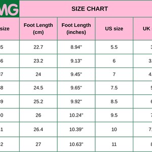 May include: A pink and white size chart titled OMG with columns for EU size, foot length in cm and inches, US size, and UK size. The table lists shoe size conversions from EU 35 to 42, corresponding to foot lengths from 22.7 cm to 27 cm.