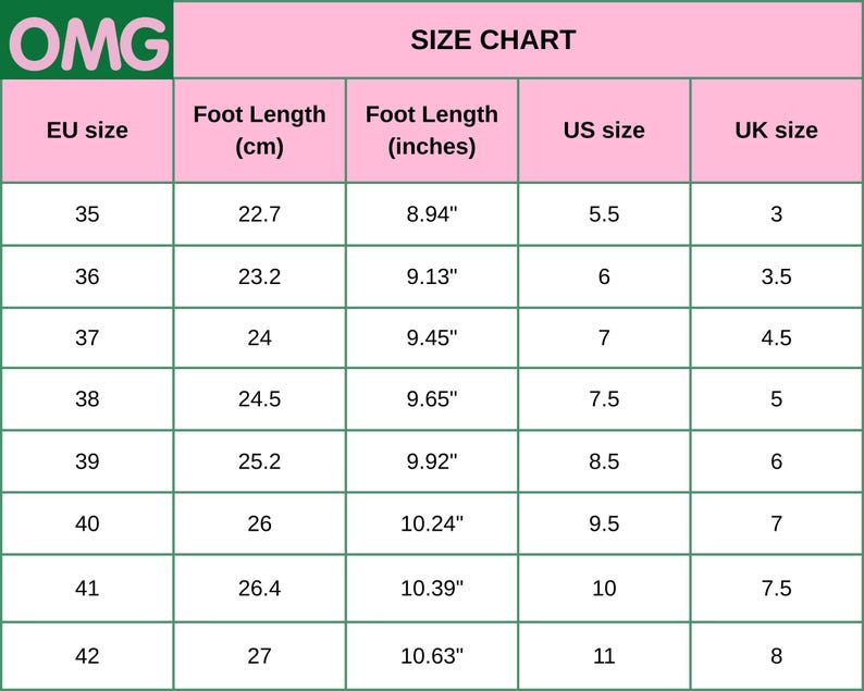 May include: A pink and white size chart titled OMG with columns for EU size, foot length in cm and inches, US size, and UK size. The table lists shoe size conversions from EU 35 to 42, corresponding to foot lengths from 22.7 cm to 27 cm.