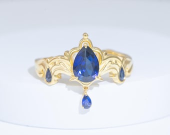 Anillo Furina Genshin Impact de plata de ley S925 bañado en oro con zafiro azul real, diseño original