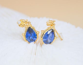Pendientes Navia Genshin Impact de plata de ley S925 bañados en oro con zafiro azul de laboratorio, diseño original