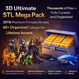 Puede incluir: Imagen promocional para un Mega Pack STL 3D. La imagen presenta un cofre del tesoro lleno de carpetas etiquetadas, personajes de fantasía y un modelo de tiburón azul. El texto incluye "30TB de modelos imprimibles premium" y "60+ categorías organizadas."