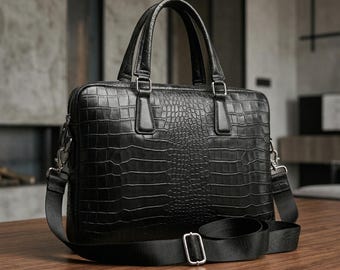 Black Crocodile Leather Laptop Bag | Men Business Briefcase 14–16 Inch | Minimalist Work Bag