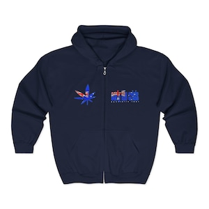 May include: Navy blue zip-up hoodie featuring an Australian flag design. The design includes a cannabis leaf with the Australian flag and the text "Only and Crisis". The hoodie has a hood and a front zipper.