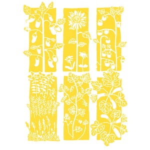 Op de afbeelding: Een geel en wit botanisch print met gestileerde illustraties van verschillende planten, waaronder zonnebloemen, tomaten en wijnranken. De print bevat tekst onderaan, met het jaar 2025.