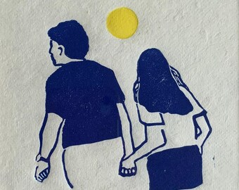 Couple holding hands - Handmade linocut print, signed and numbered