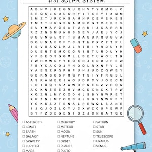 May include: A printable word search puzzle titled "#31 SOLAR SYSTEM" with a grid of letters. The puzzle includes a list of solar system-related words to find. The image also features illustrations of planets, a telescope, and a pencil.