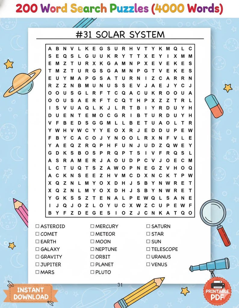 May include: A printable word search puzzle titled "#31 SOLAR SYSTEM" with a grid of letters. The puzzle includes a list of solar system-related words to find. The image also features illustrations of planets, a telescope, and a pencil.