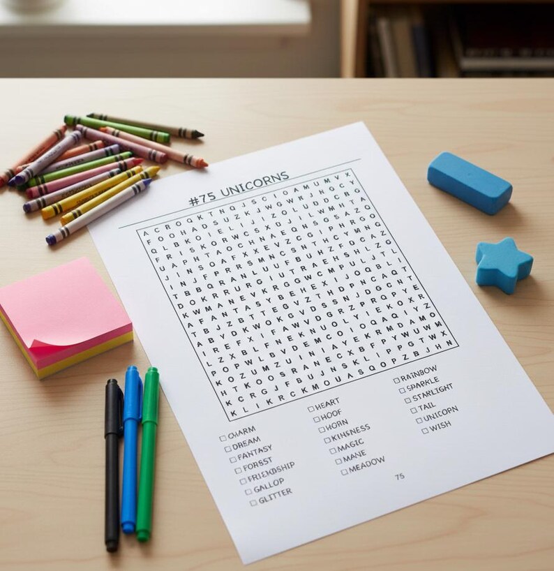 May include: A word search puzzle titled "#75 UNICORNS" with a list of words to find. Crayons, sticky notes, pens, a blue eraser, and a star-shaped object are on a wooden surface.