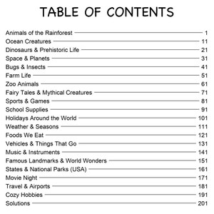 May include: A black and white image of a table of contents. The text includes topics such as "Animals of the Rainforest", "Ocean Creatures", "Dinosaurs & Prehistoric Life", and "Space & Planets". The page numbers are listed on the right.