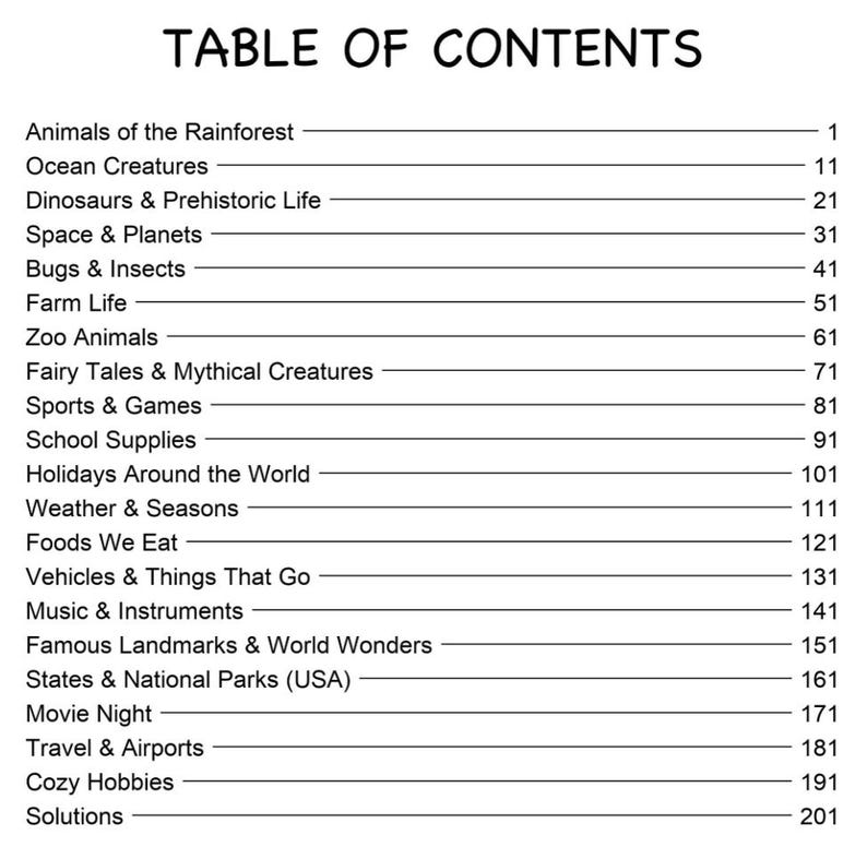 May include: A black and white image of a table of contents. The text includes topics such as "Animals of the Rainforest", "Ocean Creatures", "Dinosaurs & Prehistoric Life", and "Space & Planets". The page numbers are listed on the right.