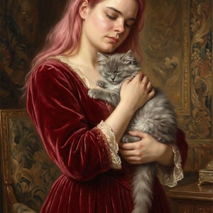 May include: A classical painting depicts a woman with pink hair in a red velvet dress, cradling a fluffy gray cat. The artwork showcases a serene moment, with soft lighting and detailed textures, evoking a sense of warmth and intimacy. The background features ornate decor.