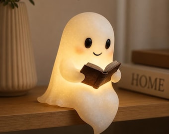 Schattig Halloween spookje dat een boek leest, decoratie voor in de boekenkast, leuk theelichtje beeldje, cadeau voor boekenliefhebbers, Halloween plankversiering met LED theelichtje